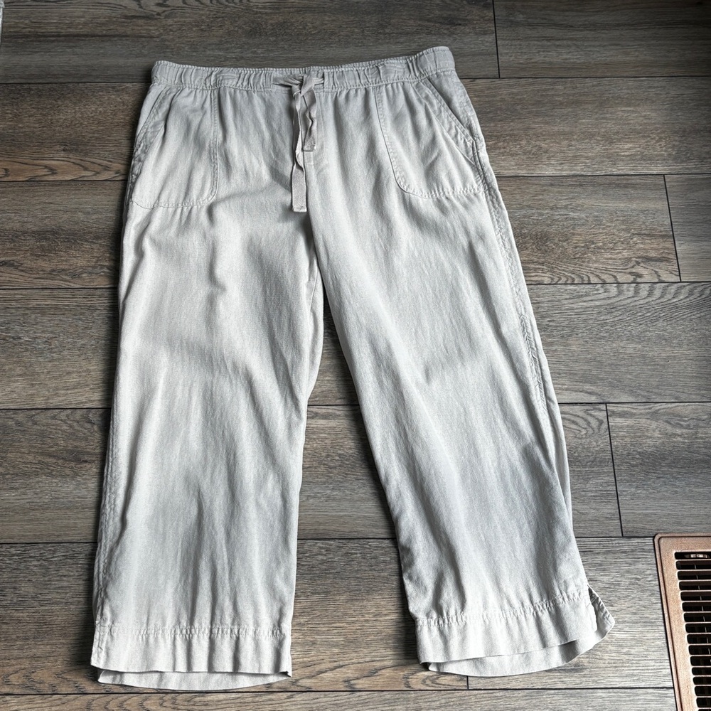 Tracy Evans Linen Blend Wide Leg Drawstring Lightweight Khaki Pants Sz Large
